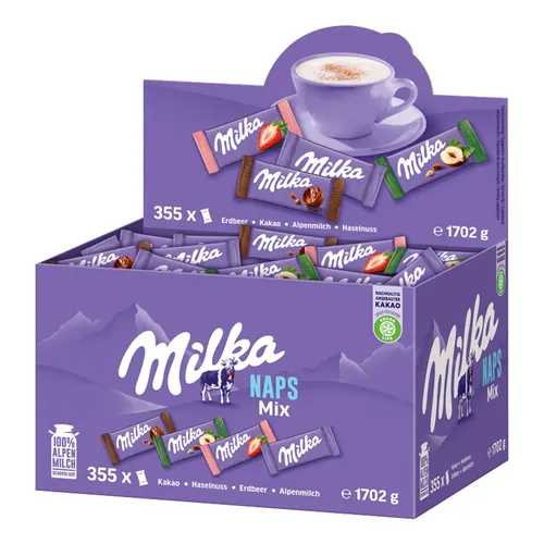 Milka Naps Mix 1 x 1,702 kg - Mini-Schokoladentäfelchen mit Alpenmilch - Schokoladen-Geschenkideen: Genießen Sie die Vielfalt der Milka Naps in Alpenmilch, Erdbeer, Haselnuss und Crème au Cacao - ideal zum Teilen oder für den persönlichen Genuss!