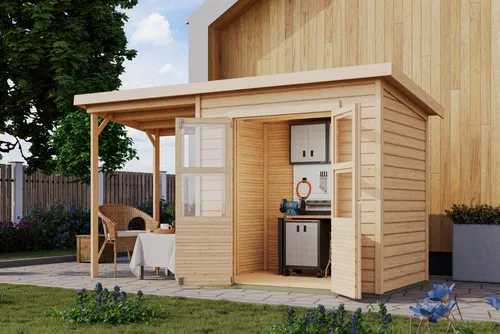 KONIFERA Gartenhaus Akamaru 3 mit Anbaudach - Praktisches Gartenhaus aus 14 mm starken Wandbrettern aus nordischer Fichte. Einfacher Aufbau dank Steck- und Schraubsystem. Optimale Raumnutzung und Witterungsschutz durch kesseldruckimprägnierte Bodenbalken.