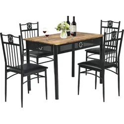 COSTWAY 5-teiliges Esstisch-Set mit 4 gepolsterten Stühlen - Schwarz - Stilvolles 5-teiliges Esstisch-Set für 4 Personen, inklusive ergonomischer Stühle mit dick gepolsterten Sitzflächen für hohen Komfort. Ideal für Zuhause, Restaurants oder Cafés.