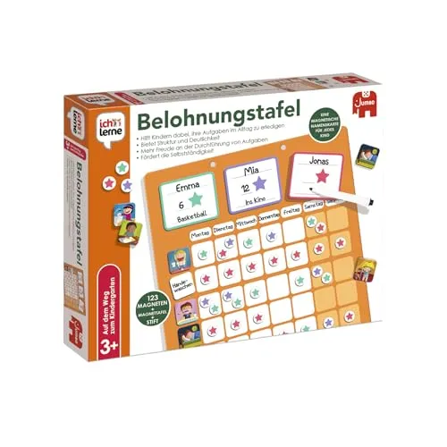 Jumbo Ich lerne – Belohnungstafel – Lernspiel ab 5 Jahren - Spielerisch Aufgaben meistern, Selbstständigkeit fördern, Tagesstruktur Lernen und mit Magnetsternen Motivation für Kinder schaffen.