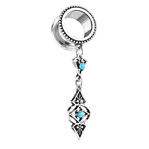 Piercingfaktor Flesh Tunnel Ohr Piercing Plug Edelstahl mit Türkis Stein Perle Tribal Vintage Charm Anhänger Schraub Silber Blau 10mm