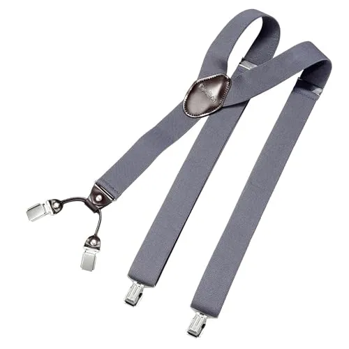 DonDon Hosenträger Herren extra stark grau-blau 3,5 cm Hosenträger Herren breit mit brauem Leder in Y-Form lang - Starke Clips passend für Anzug Jeans Chinos Vintage Rockabilly Suspenders