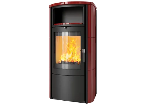 Kaminofen Hark 57 5 kW - Modern und effizient - Kaminofen für Wohnzimmer und Esszimmer mit 5 kW Heizleistung, energieeffizient (A+) und stilvollem Design in bordeaux-roten Ofenkacheln.