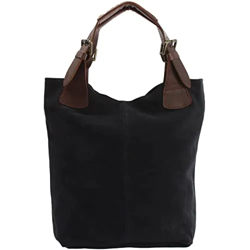 LECONI Henkeltasche aus echtem Wildleder in Anthrazit/Braun - Elegante Henkeltasche aus hochwertigem Wildleder. Ideal für Freizeit, Büro oder Shopping. Geräumig und stilvoll, perfekt für moderne Frauen.