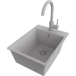 PRIMAGRAN Granitspüle Grau 38x50cm mit Küchenarmatur und Ablauf-Set - Kompakte Granitspüle Riga 40 für Unterschränke ab 40 cm. Kratzfest und einfach zu montieren, bietet sie Ergonomie und modernes Design für jede Küche.
