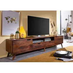 TV-Board MALMÖ 2 aus Sheesham 220x40x48 - Massives TV-Board aus indischem Palisander mit großzügigem Stauraum: 2 Türen, 2 Schubladen und 1 offene Ablage. Stilvolles Design im Mid-Century-Look mit praktischen Kabeldurchlässen.