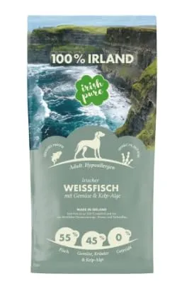 Irish Pure Trockenfutter | Irischer Weißfisch mit Gemüse & Kelp-Alge 12 kg - Hundefutter: Hochwertiges, hypoallergenes Futter mit 55% Irischem Weißfisch, reich an Omega-3-Fettsäuren für gesunde Haut und glänzendes Fell, getreidefrei und ideal für Hunde mit empfindlicher Verdauung.