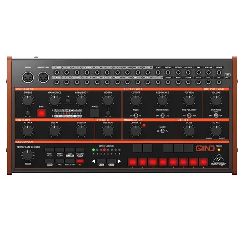 Behringer Grind - Hybrider semimodularer monophoner Synthesizer mit 24 digitalen Sound-Engines und analogem Ladder-Filter für einzigartige Klangkreationen und beeindruckende Klangerzeugung.