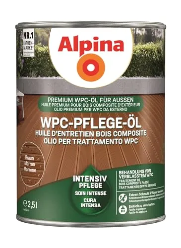 Alpina Holzöl WPC-Pflege-Öl 2,5 Liter, Braun - Holzöle für WPC-Böden, UV-Filter schützt vor Ausbleichen und Schmutz, sehr ergiebig mit bis zu 24 m² pro Liter, ideal für den Außenbereich.