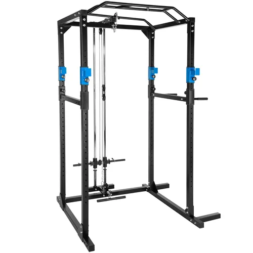 tectake® Power Rack mit Latzug – Vielseitige Fitnessstation für Dein Home Gym - Stationen & Hantelbänke – Erlebe ein effektives Ganzkörpertraining mit höhenverstellbaren Langhantelablagen und Sicherheitsstreben für maximale Sicherheit.