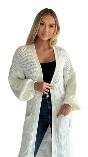 Mississhop 384 Longstrickjacke in Creme - Modische extra lange Strickjacke im Grobstrick-Look, Einheitsgröße 34-44, mit zwei praktischen Pattentaschen. Ideal für vielseitige Kombinationen und aus angenehm weichem Material gefertigt.
