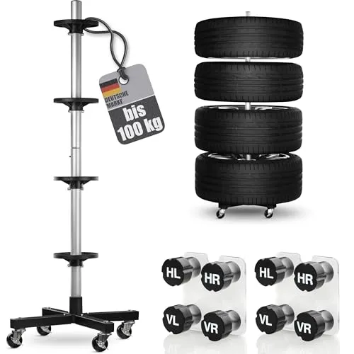Felgenbaum für Autoreifen bis 225mm - fahrbar mit 4 Lenkrollen, felgenschonende Lagerung und inkl. 8 Reifenmarkierer