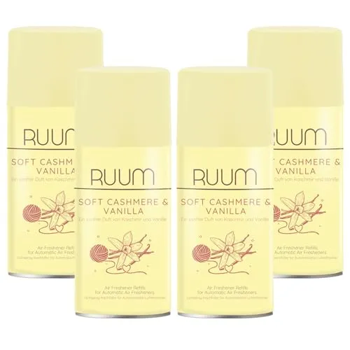 RUUM Lufterfrischer Nachfüller 4er Pack Soft Cashmere&Vanilla - Duft Nachfüller kompatibel mit Air Wick Freshmatic, Glade Brise - 4x 250 ml Duftspray für Geruchsneutralisierung & Frische