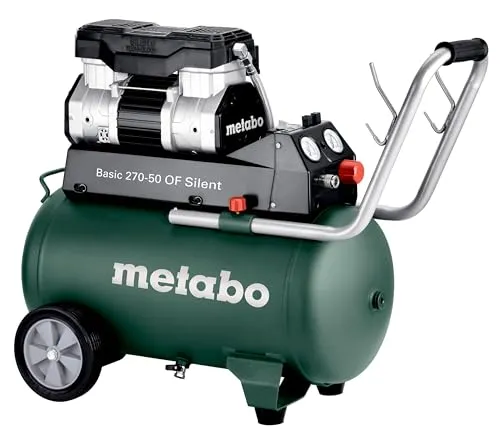 Metabo Druckluft-Kompressor Basic 270-50 OF Silent 50l - Leiser 50l Silent-Kompressor für komfortablen und mobilen Einsatz, ideal für lärmsensible Umgebungen. Wartungsfreies, ölfreies Aggregat mit praktischen Details für effizientes Arbeiten.