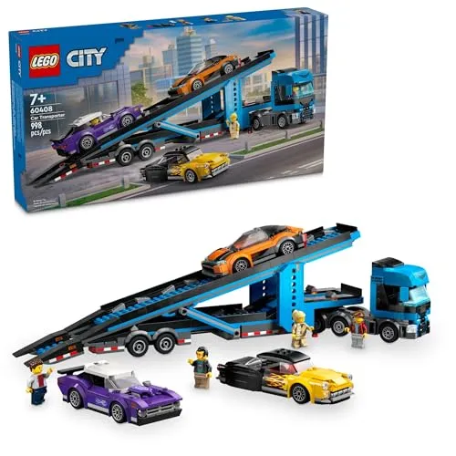 LEGO City 60408 - Autotransporter mit Sportwagen und Hot Rod (998 Teile) - Entdecke die vielseitige LEGO City Spielwelt! Baue einen Autotransporter mit 3 coolen Fahrzeugen und 4 Minifiguren. Perfekt für kreative Rollenspiele und grenzenlosen Spaß!