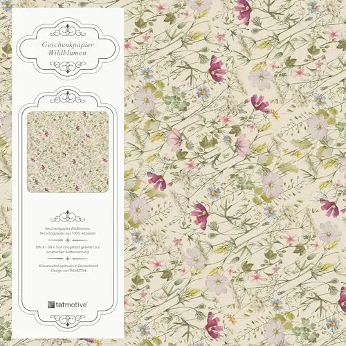 Wildblumen Geschenkpapier EXTRA DICK Geburtstag Blumen floral 5 Bogen 84 x 59 cm, Öko Recycling Papier nachhaltig gedruckt Vintage floral