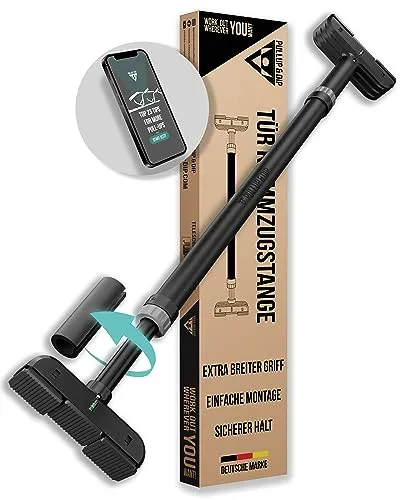 PULLUP & DIP Klimmzugstange Türrahmen - Schraubenlos und bis 200kg Traglast - Klimmzugstangen für vielseitige Workouts, mit revolutionärer Halterung für maximale Sicherheit und stufenloser Verstellbarkeit für Türrahmen von 73-92 cm.