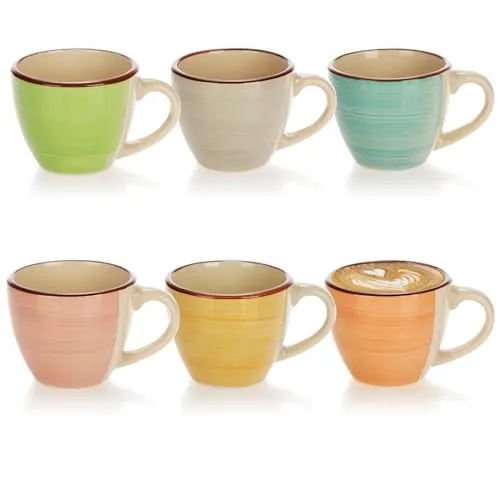 com-four® 6x Espressotassen aus Keramik bis 125 ml - bunte Mokkatassen - handgefertigte kleine Kaffeetassen für Espresso, Mokka und Ristretto (06 Stück - grün/orange/rosa/blau/gelb/grau)