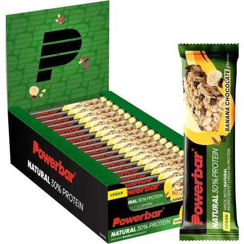PowerBar Eiweissriegel Natural 30% Protein Banane/Schokolade - Energie-Riegel aus natürlichen, veganen Zutaten mit 30% Protein. Ideal als Snack nach dem Training oder für zwischendurch, lecker mit Banane und Bitterschokolade.