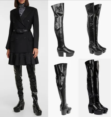 PRADA Over-the-Knee Platform Boots - Elegante Stiefel in Schwarz, Größe 41 - Stylische Over-the-Knee Stiefel mit geometrischem Absatz, atmungsaktivem Material und komfortablem Plateau. Ideal für elegante Anlässe und vielseitig kombinierbar.