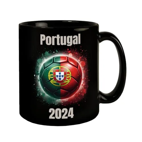 Fußball Portugal Flagge Tasse in Schwarz EM 2024 Fanartikel Grüner Fußball auf Rot-Schwarz Portugiesischer Sport Ball Geschenk