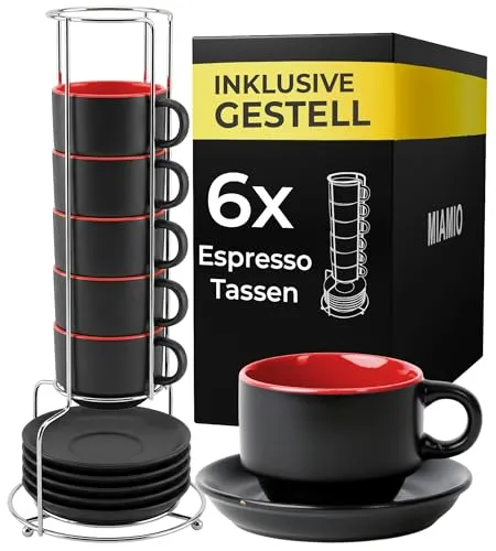 MiaMio Espressotasse 6 x 75 ml - Stilvolle Espresso Tassen in Rot - Espressotassen in Schwarz mit farbigem Innenleben, perfekt für Kaffeeliebhaber und ein Blickfang auf jedem Tisch.