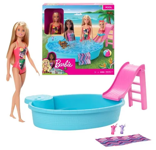 Barbie Anziehpuppe Pool mit Rutsche & Puppe - Mattel Spiel-Set - Anziehpuppen Kategorie mit Pool und Rutsche für kreatives Spielen, ideal für Kinder ab 3 Jahren.