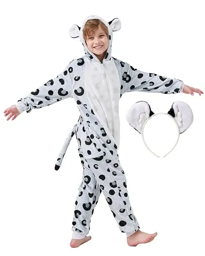 corimori Flauschiges Schneeleopard-Kostüm für Kinder | Karneval & Fasching - Superweiches und kuscheliges Einteiler-Kostüm für Kinder, perfekt für Karneval, Halloween oder als Pyjama. Mit praktischen Taschen und einfachem Reißverschluss für bequemes An- und Ausziehen.
