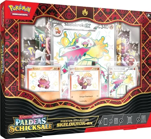 Pokémon-Sammelkartenspiel: Karmesin & Purpur – Paldeas Schicksale Premium-Kollektion Skelokrok-ex - Sammelkarten Packs & Sets mit 3 holografischen Promokarten und 8 Boosterpacks. Erlebe die Faszination von Schillerndem Skelokrok-ex und erweitere deine Sammlung!