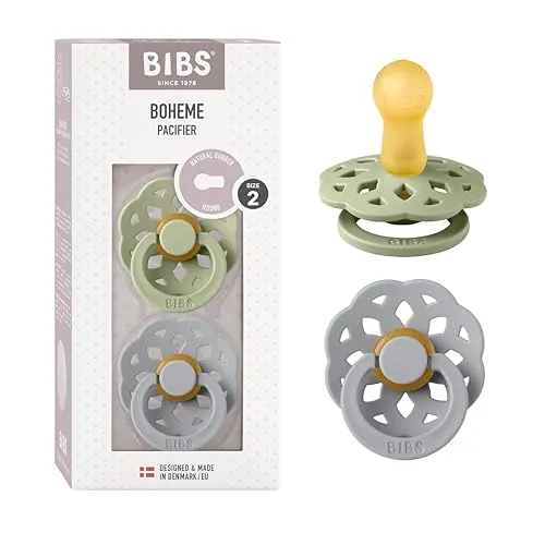 BIBS Boheme Schnuller 2er-Pack. BPA-frei., Kirschform Nippel. Naturkautschuk / Latex, Hergestellt in Dänemark. 6-18 Monate (2er Pack), Sage / Cloud