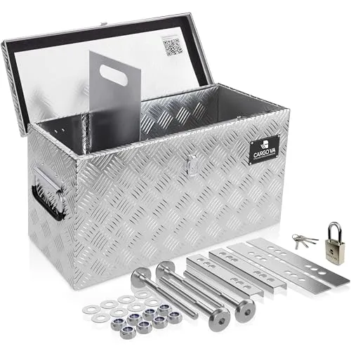 CargoVA Wasserfeste Deichselbox mit Sicherheitsverschluss - Robuste und wasserdichte Deichselbox mit Aluminiumgriffen und neuem Edelstahlschließmechanismus. Ideal für PKW-Anhänger, mit flexiblem Innenfach für optimale Aufbewahrung.