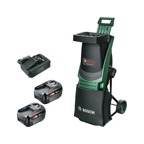 Bosch Home and Garden UniversalShredder Akku Häcksler - Häcksler mit 2x 18V Akkus und 28 l Auffangtasche, ideal für kabelloses Arbeiten im Garten.