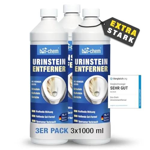 bio-chem Urinsteinentferner EXTRA STARK 3x1000 ML - WC-Reiniger im Sparpaket, entfernt mühelos hartnäckige Ablagerungen und Gerüche mit einer starken Rezeptur – ideal gegen tief sitzende Verkalkungen, ohne Chlor und Phosphate.