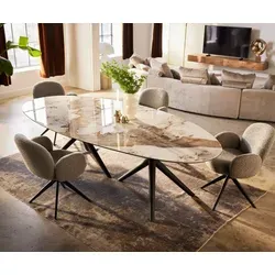 DELIFE Esstisch Edge Oval Keramik Minas Melange Weiß-Beige 280x130 - Esszimmertisch mit eleganter ovaler Keramikplatte, gefertigt aus einem Stück für nahtlose Maserung. Stabilität durch 3-Bein-Gestell in Schwarz, ideal für stilvolle Wohnräume.