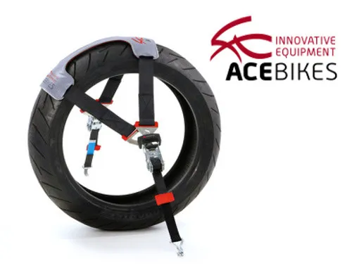 Acebikes Transportsicherung TyreFix - Sicheres Motorrad Transportzubehör - Motorrad-Transportzubehör mit speziellem Haltesystem für sicheren Halt. Schont lackierte Teile, inklusive Reifendecke und Zurrgurten. Ideal für Anhänger, PickUp oder Transporter.