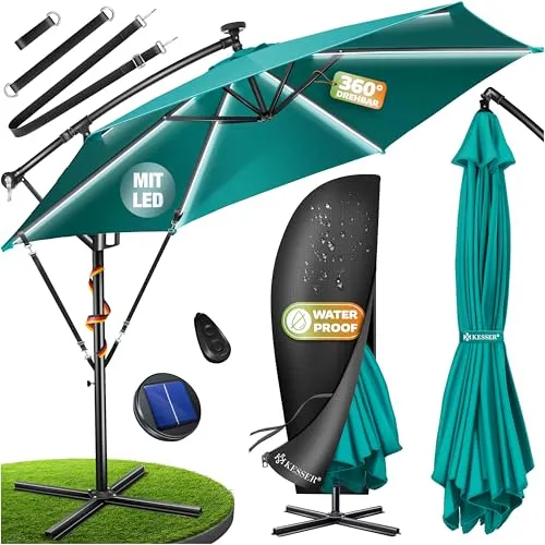 KESSER® Sonnenschirm Ø 350 cm mit LED Beleuchtung - Genießen Sie entspannte Sommerabende mit dem KESSER® Ampelschirm. Die integrierten LEDs sorgen für stimmungsvolles Licht, während das robuste Aluminiumgestell Stabilität und Langlebigkeit garantiert. Mit Kurbel und 360° Funktion ist er einfach zu bedienen.