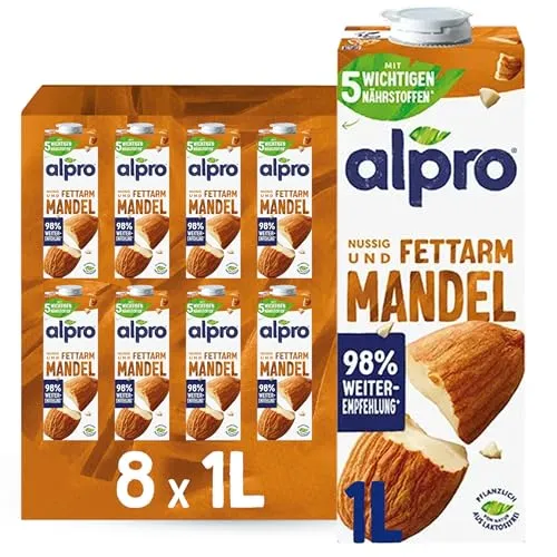 alpro® ORIGINAL Mandeldrink 8 x 1,0 l - Haltbare Milch-Alternativen, 100% pflanzlich und ideal für eine laktosefreie Ernährung, perfekt für Smoothies oder zum Kochen.