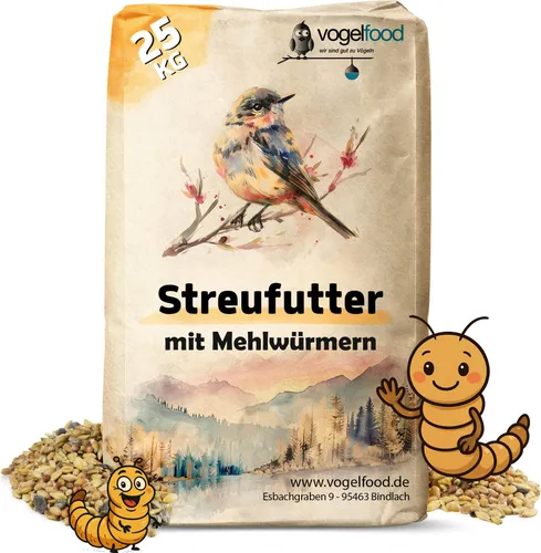Streufutter mit Mehlwürmern für Wildvögel – 25 kg - Optimale Mischung aus hochwertigen Körnern und Mehlwürmern, ideal für die ganzjährige Fütterung von Wildvögeln. Locken Sie Buchfinken, Drosseln und Stare an – für ein buntes Treiben in Ihrem Garten.
