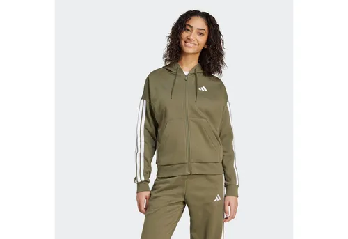 adidas Damen Essentials 3-Stripes Full-Zip Fleece Hoodie, Olive strata/White - Sweatjacken mit Kängurutaschen, regulär geschnitten und nachhaltig aus mindestens 70 % recycelten Materialien gefertigt.
