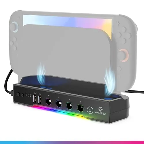 Oniverse Support für Nintendo Switch 2 – Multifunktionale Kühlstation, USB-A Ladegerät für 2 Pro-Controller, 4 NGC-Ports für Gamecube-Controller, 3-Gang-Lüfter, 8 LED-Modi – Hubble