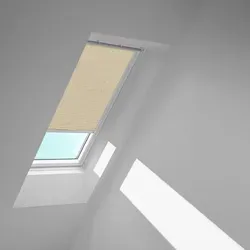 VELUX Sichtschutzrollo sandbeige gepunktet manuell - Rahmen weiß - Rollos: Harmonische Lichtstimmung & Sichtschutz, blendendes Sonnenlicht wird gemildert, stufenlos positionierbar, einfache Montage für VELUX-Fenster.