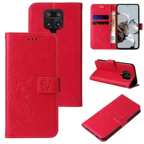 LBH Handy Hülle für Xiaomi Redmi Note 9 Pro Case Handytasche Schmetterling Blumen Flower Standfunktion Schutzhülle Magnet Rundum Schutz 360 Grad Flipcase Cover Rot