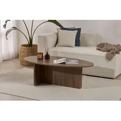 Drawer Couchtisch Oris, Nussbaum, Holz, 65x40x120 cm - Eleganter Couchtisch aus melaminbeschichtetem Holz mit organisch geformter Tischplatte. Ideal für ein stilvolles Wohnzimmer und robust dank massiven T-förmigen Gestell. Setzen Sie ein Statement in Ihrer Einrichtung!