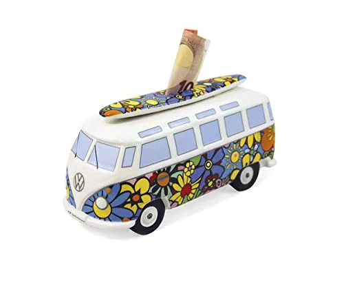 BRISA VW Collection - Volkswagen Spar-Büchse im T1 Bulli Design - Spardose für Kinder im Flower Power Design mit Surfbrett, ideal zum Geldsparen und als trendiges Accessoire, offiziell lizenziert von Volkswagen.