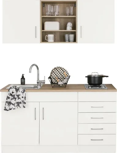 KOCHSTATION Pantryküche KS-Mali, 150 cm - Kompakte Küchenzeile mit modernem Design und autarkem Kochfeld, ideal für kleine Räume. Bietet großzügigen Stauraum durch Unterschrank und Hängeschränke.