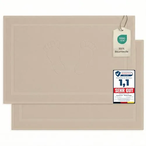 Komfortec 2er Badvorleger aus 100% Baumwolle, 800 GSM, Waschbar, Badematte, Badteppich, Saugfähig, Frottee, 50x80 cm, Sand/Beige