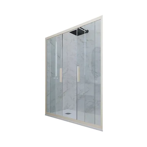 PORTA DOCCIA SCORREVOLE IN PVC KLARGLAS CHAMPAGNE PROFIL 130 CM MOD. GLAM - Elegante Duschabtrennung aus klarem Glas mit PVC-Profil, ideal für moderne Badezimmer. Mit einer Breite von 130 cm und einer Höhe von 200 cm sorgt sie für ein stilvolles Duscherlebnis.