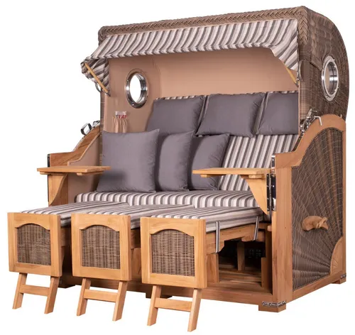 bene living Strandkorb Ammersee Grande XXL Teak - PE grau - Strandkorb für 3 Personen mit Volllieger-Funktion (175°), inkl. Liftersystem und Bullaugen. Ideal für entspannte Stunden am Ostsee-Strand!
