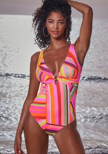 Badeanzug BRUNO BANANI - Damen Badeanzug in Orange mit Zierring - Badeanzug aus Recycling-Polyester mit markantem grafischen Muster, tiefem V-Ausschnitt und herausnehmbaren Softcups für optimalen Tragekomfort. Ideal für modebewusste Frauen.
