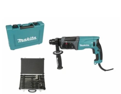 Makita HR2470 Bohrmaschine mit Bohrer & Meißelset, 780 W - Bohrhammer SDS Plus mit 780 W Leistung, ideal für präzises Bohren und Meißeln in verschiedenen Materialien. Perfekt für Profis und Heimwerker.